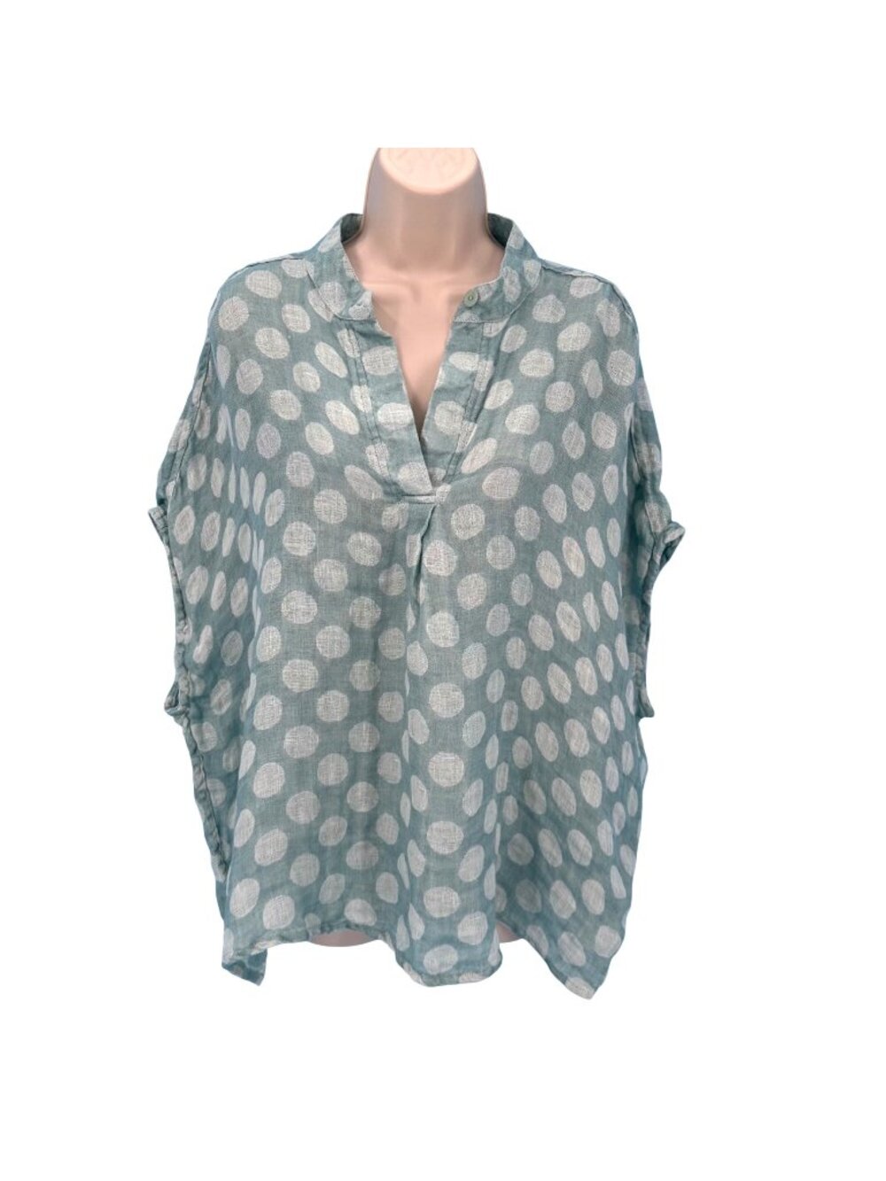 NWOT FLAX 100% Linen Oversized Boxy Green Polkadot Drop Shoulder Sleeve Top S
